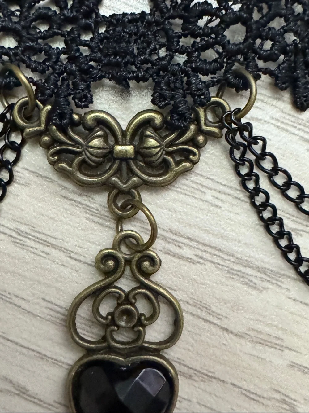 Black Floral Lace Choker Necklace with Heart Pendant